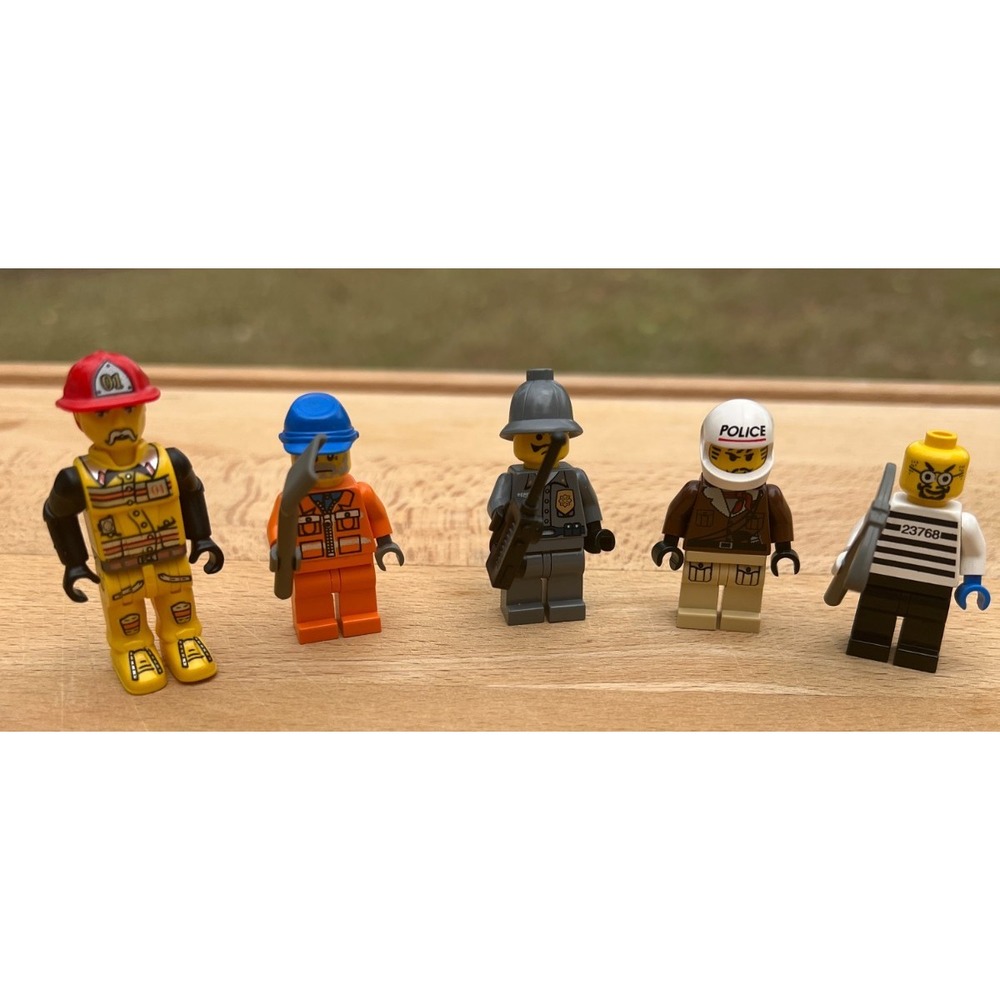 Lot of 5 Used LEGO Minifigures Fireman Police Construction Prisoner City